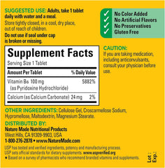 Close-up label of Nature Made Vitamin B-6 100 mg showing potency