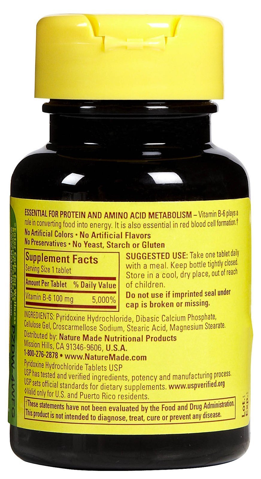 Nature Made Vitamin B6 100 mg tabs being poured, highlighting convenient one-a-day dosage.