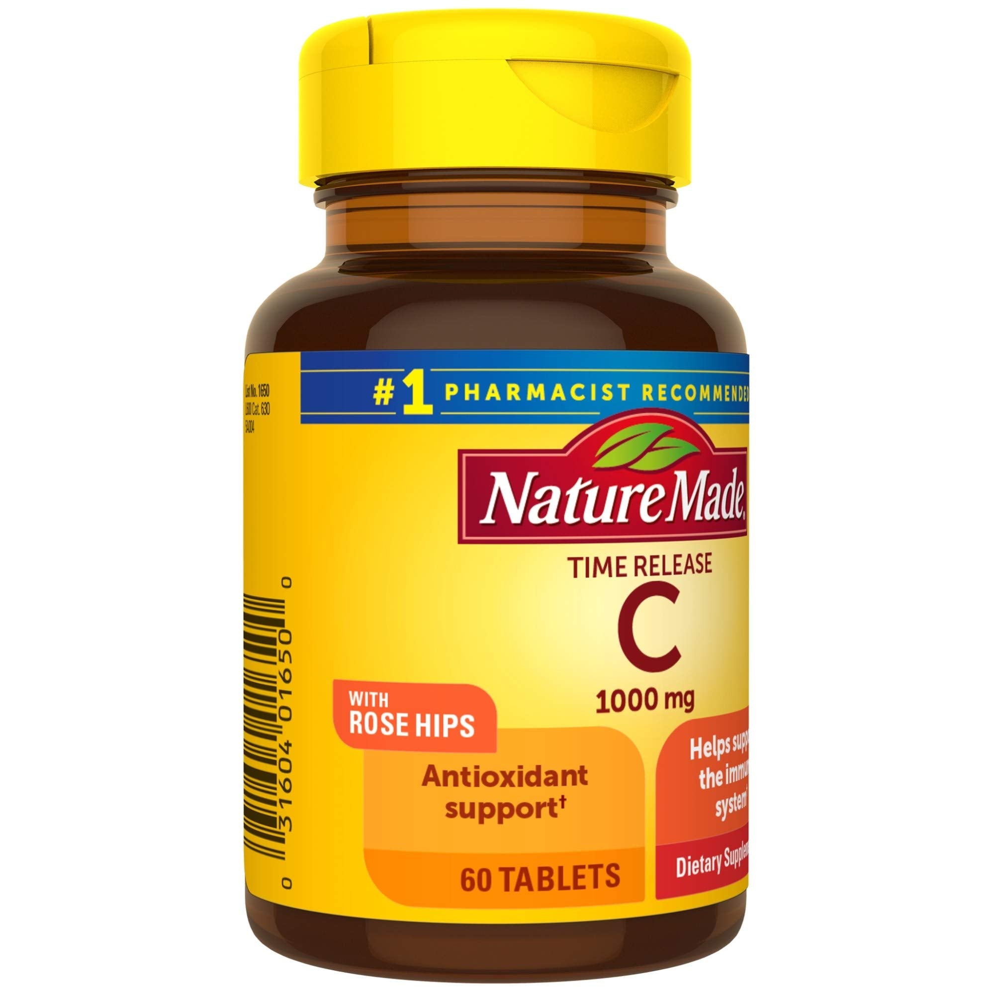 Nature Made Vitamin C 1000 mg; rose hips tablets on table