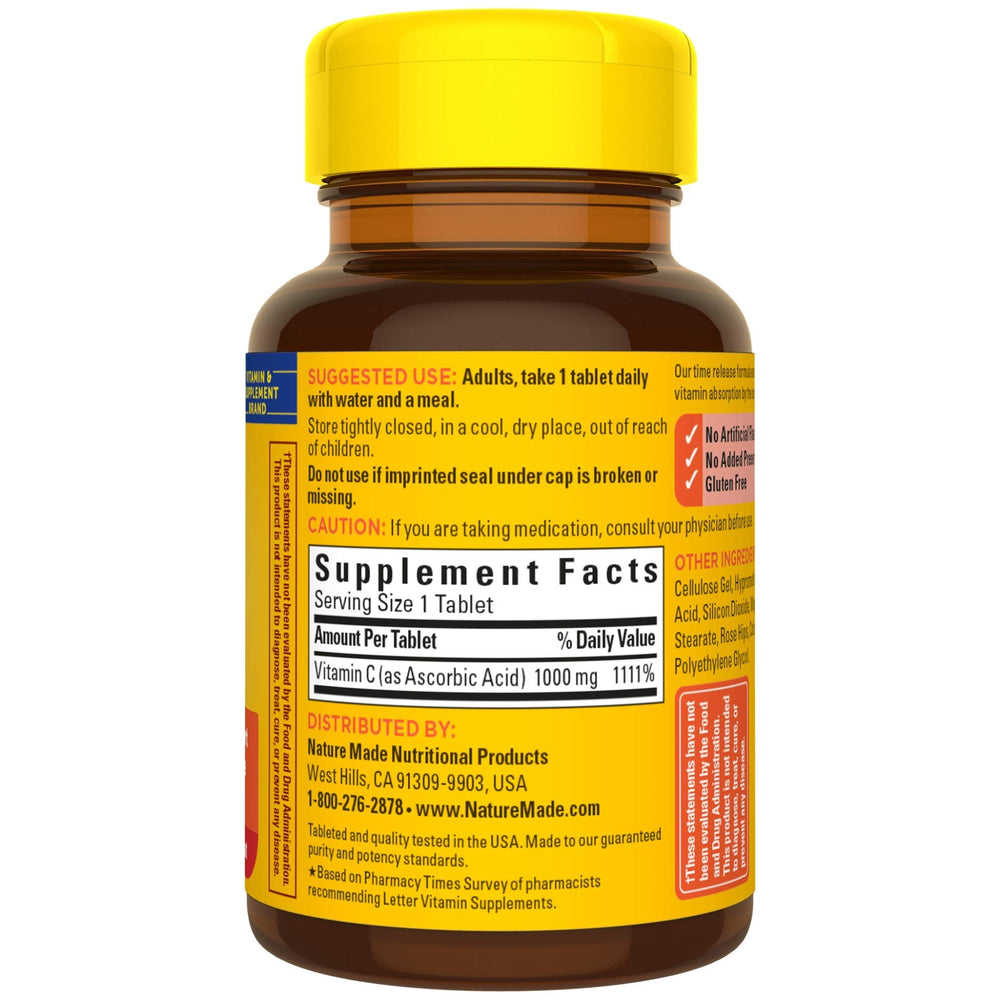 Nature Made Vitamin C 1000 mg time-release bottle; clear daily dosage