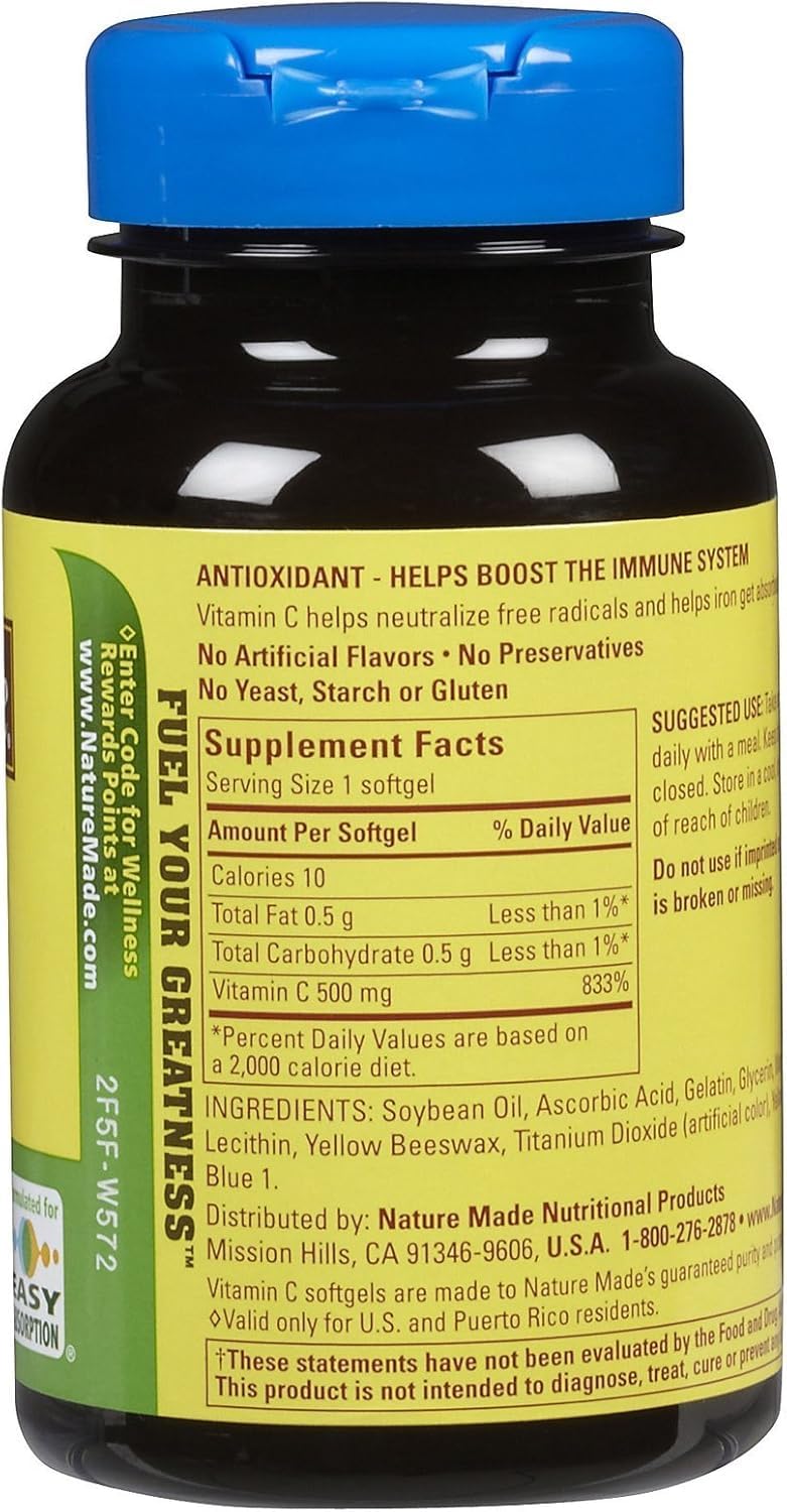 Nature Made Vitamin C 500 mg softgels close-up, easy-to-swallow capsules for daily use