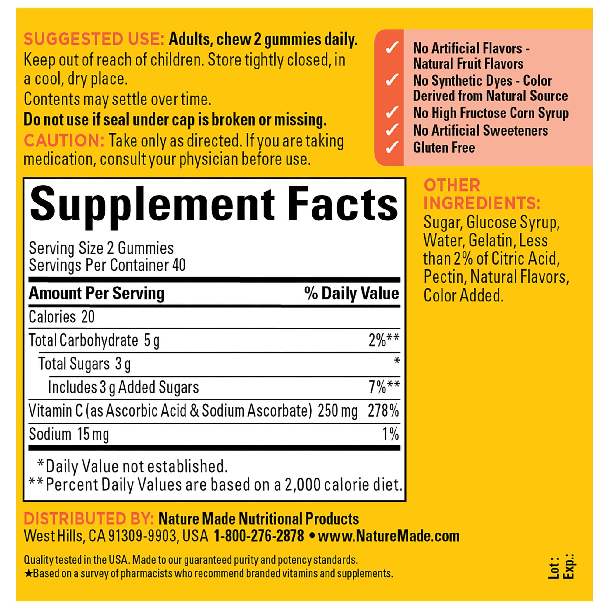 Nature Made Vitamin C ingredients: pectin-based gummies for a natural texture.