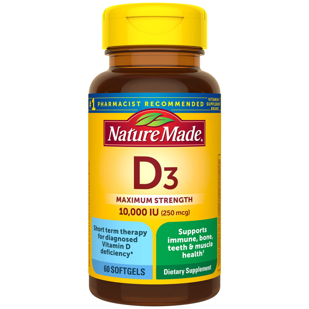 Nature Made Vitamin D3 10000 IU softgels bottle supports bone and immune health