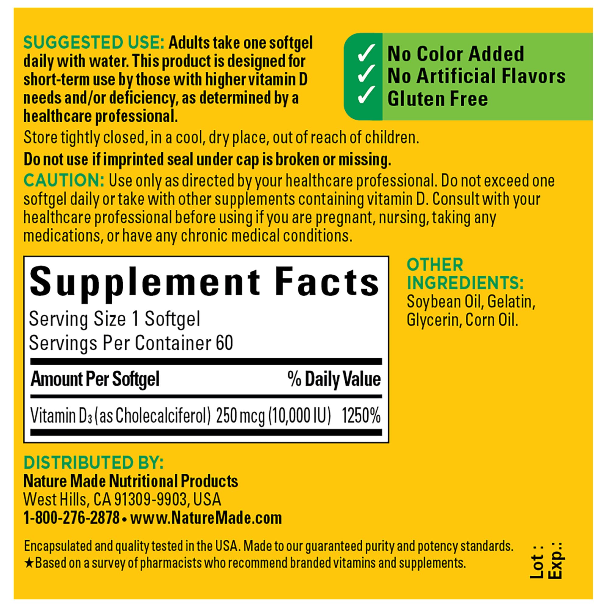 Nature Made Vitamin D3 10000 IU softgel packaging highlights features