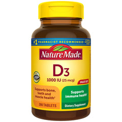 Nature Made Vitamin D3 1000 IU bottle with label highlighting immune and bone support