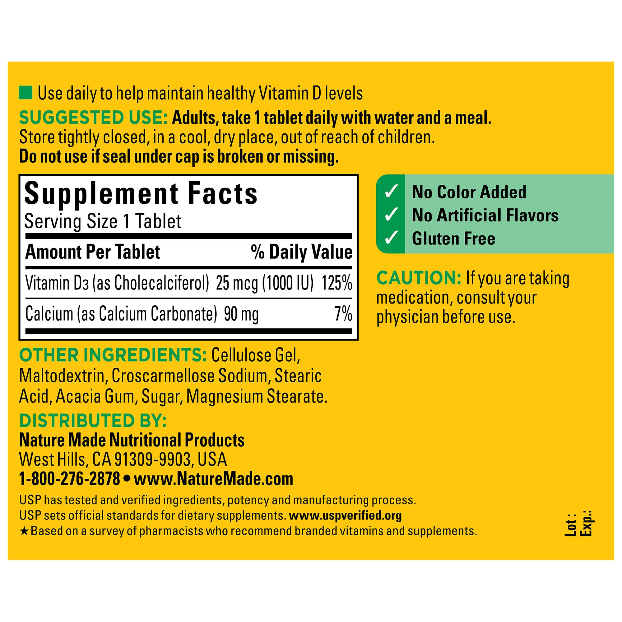 Nature Made Vitamin D3 bottle packaging on shelf highlights no color added
