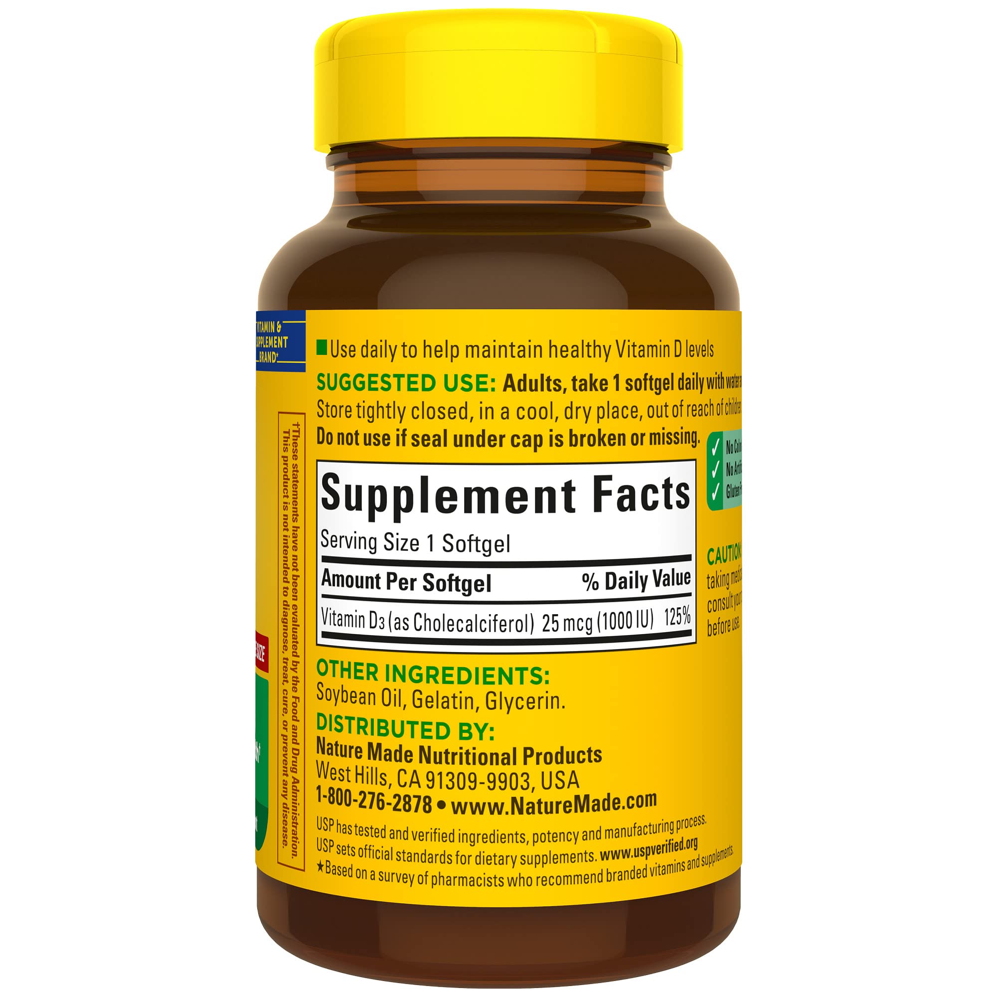 Nature Made Vitamin D3 bottle packaging highlighting no artificial flavors.