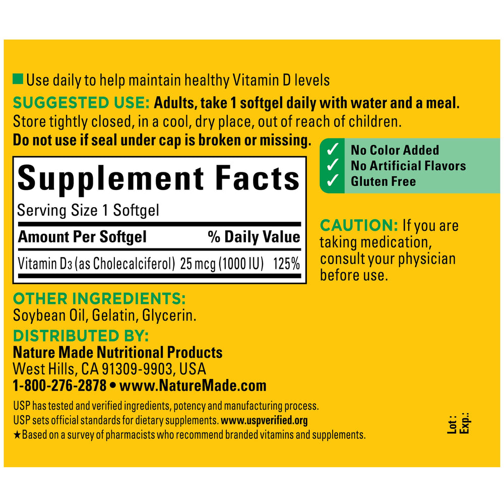 Nature Made Vitamin D3 softgels with meal; easy daily routine for essential vitamin D.