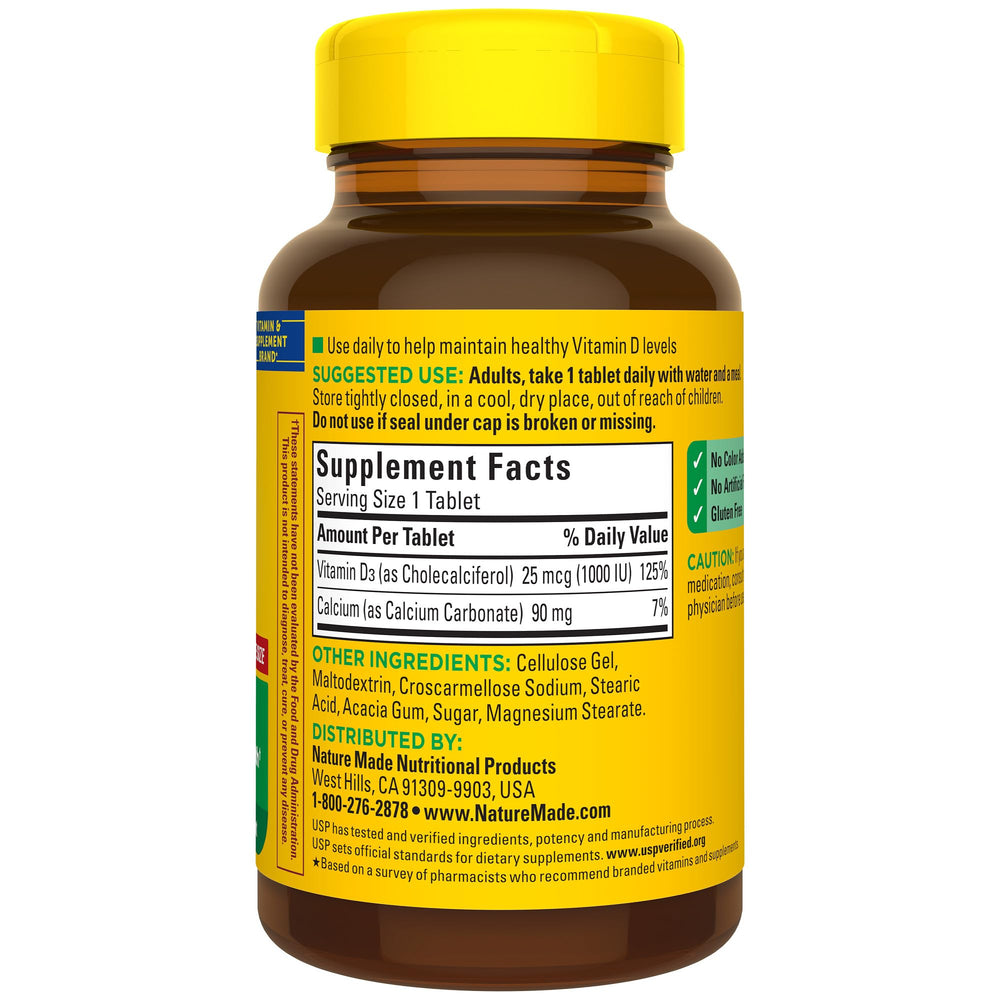 Nature Made Vitamin D3 1000 IU bottle on countertop for easy access