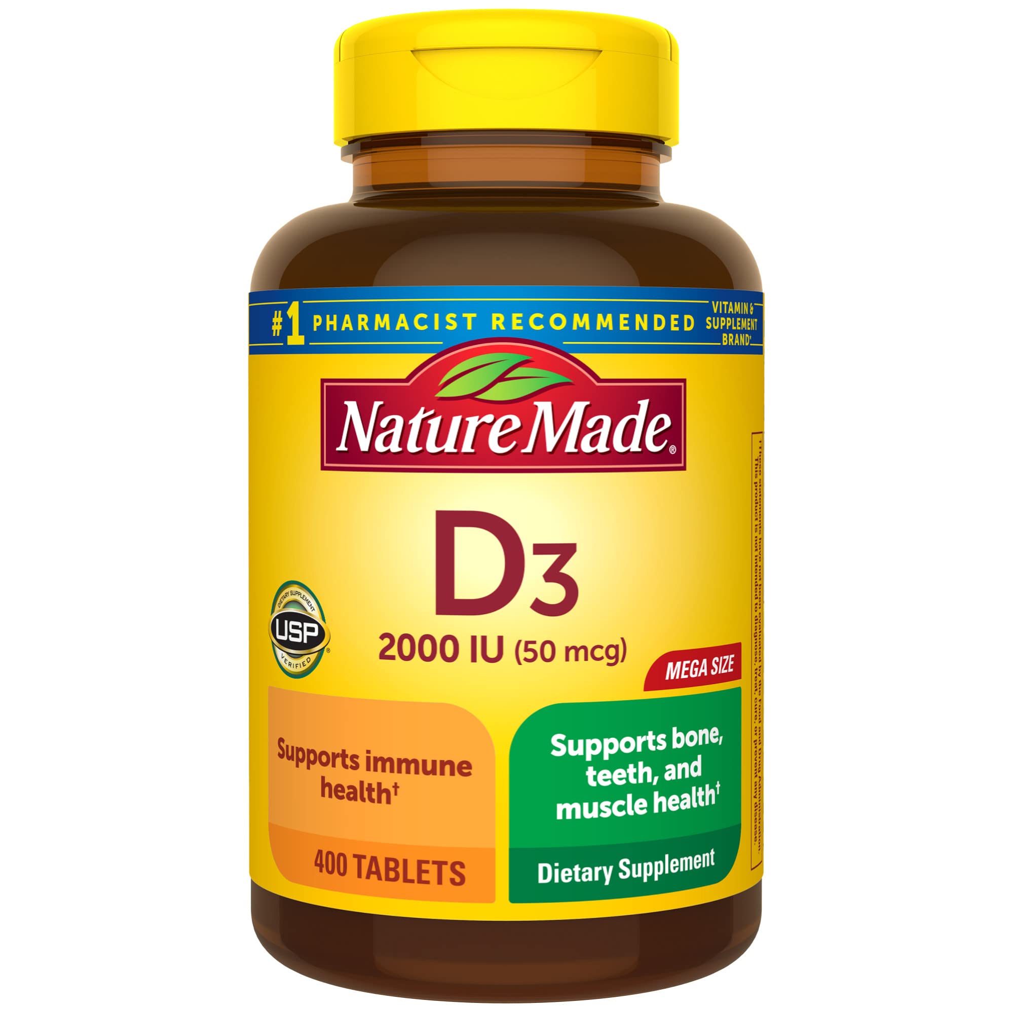 Nature Made Vitamin D3 2000 IU bottle front with immune and bone support labeling