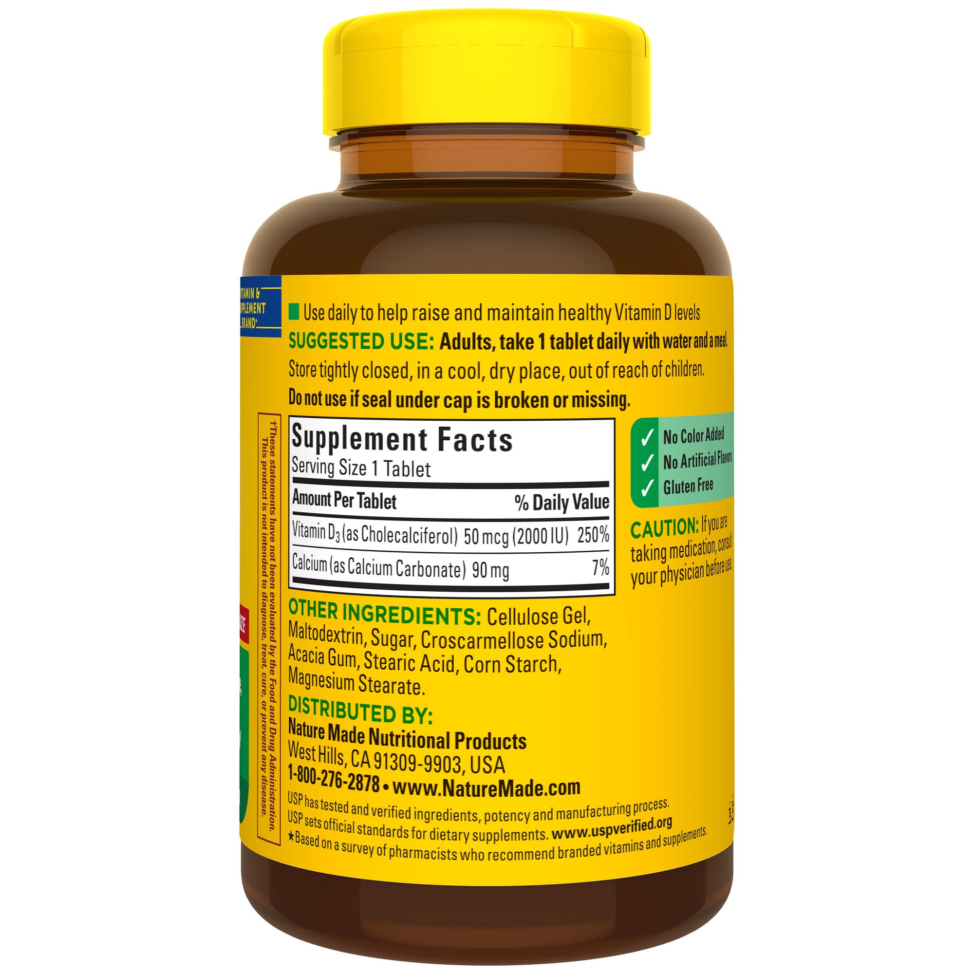 Top view of Nature Made Vitamin D3 2000 IU bottle with dosage information