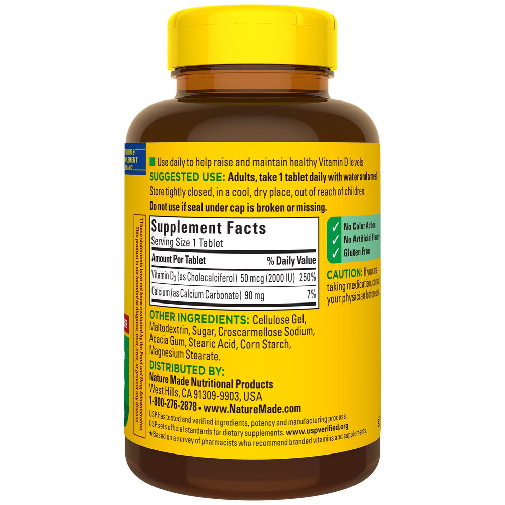 Top view of Nature Made Vitamin D3 2000 IU bottle with dosage information