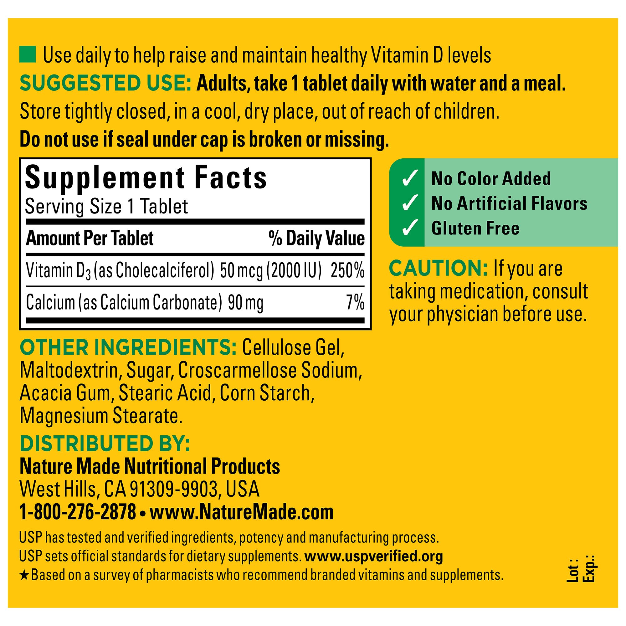 Gluten-free claim shown on Nature Made Vitamin D3 2000 IU bottle