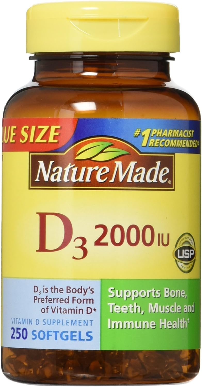 Nature Made Vitamin D3 2000 IU liquid softgels in bottle, easy everyday use.