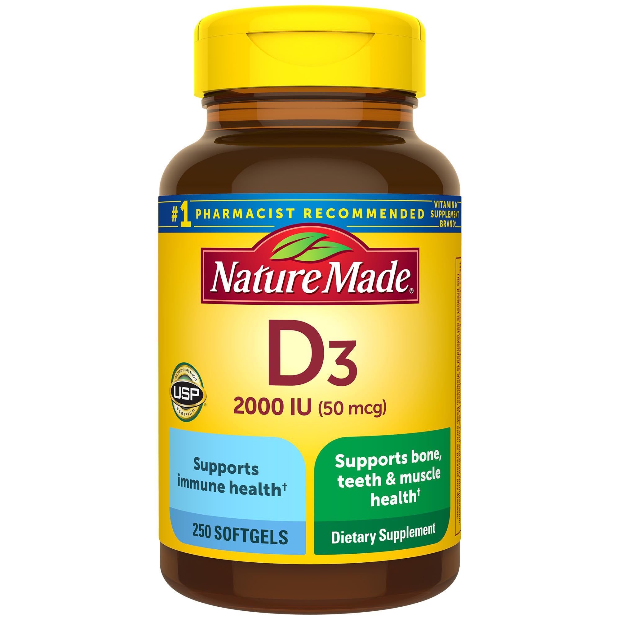 Nature Made Vitamin D3 2000 IU softgels bottle for bone and immune health.