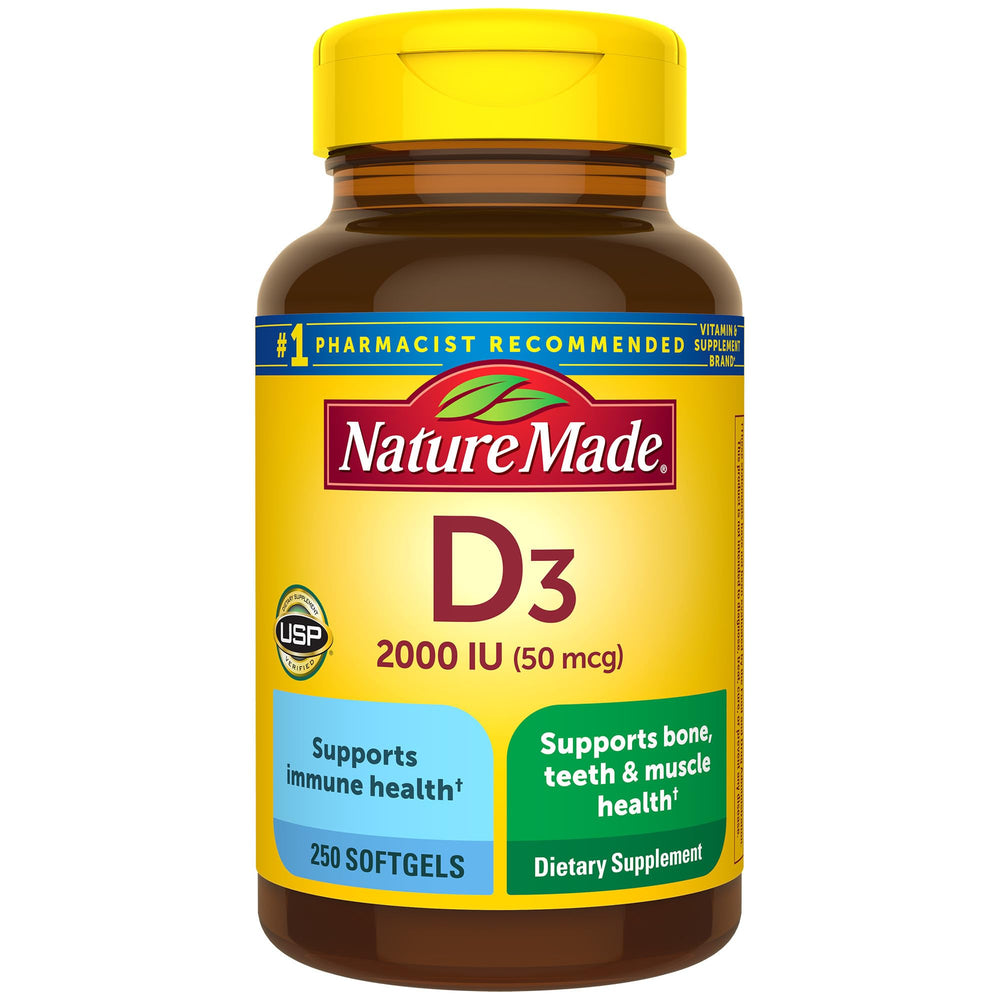 Nature Made Vitamin D3 2000 IU softgels bottle for bone and immune health.