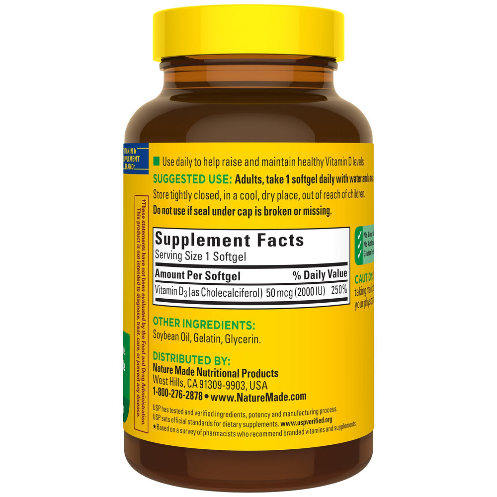 Nature Made Vitamin D3 2000 IU softgels gluten-free quality assurance.