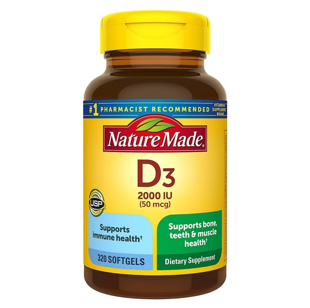Nature Made Vitamin D3 2000 IU softgels in bottle for daily immune and bone support.
