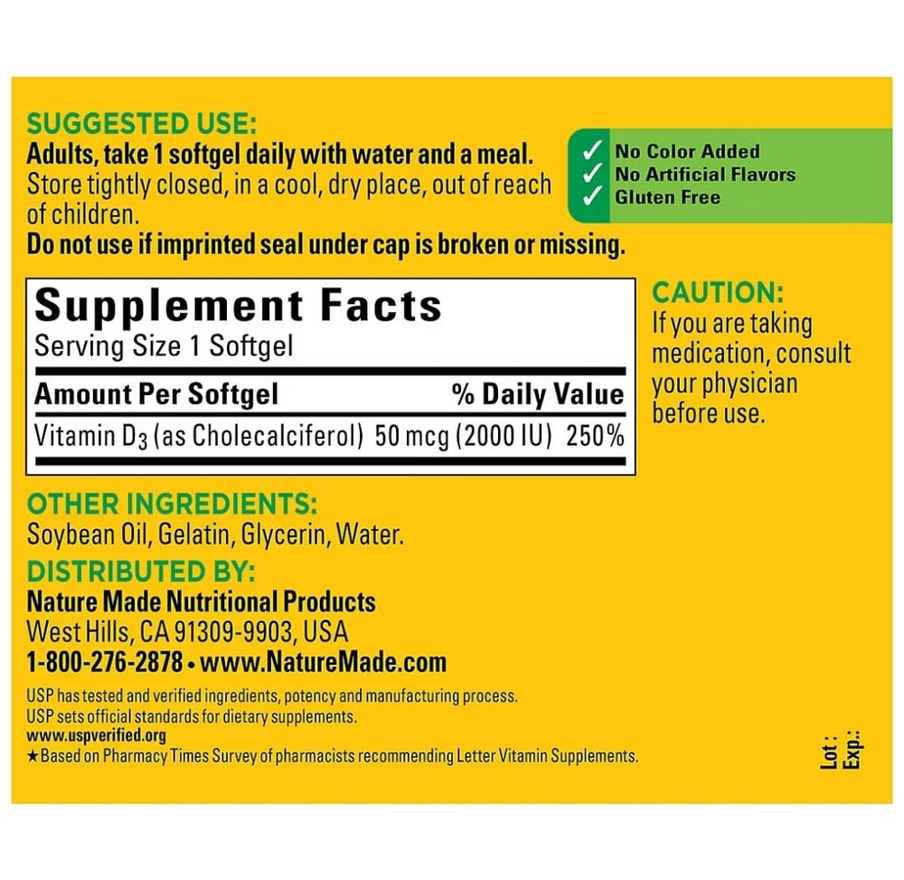Nature Made label close-up on Vitamin D3 bottle for trusted source.