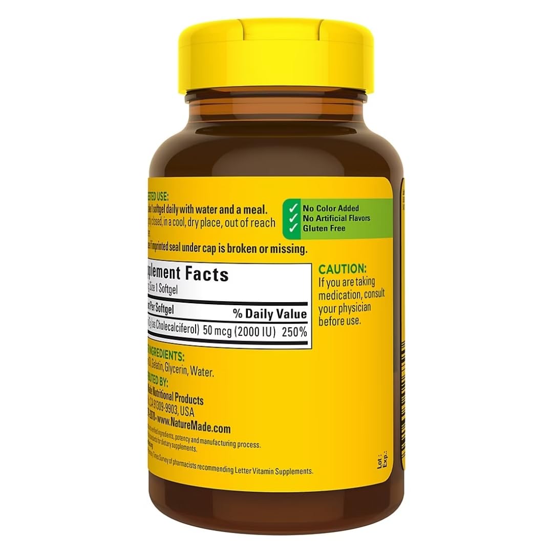 Nature Made Vitamin D3 bottle showcases versatile packaging and clear daily dosing.