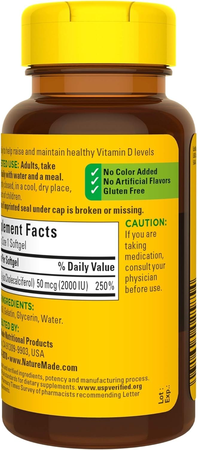 Nature Made Vitamin D3 2000 IU softgels on kitchen shelf