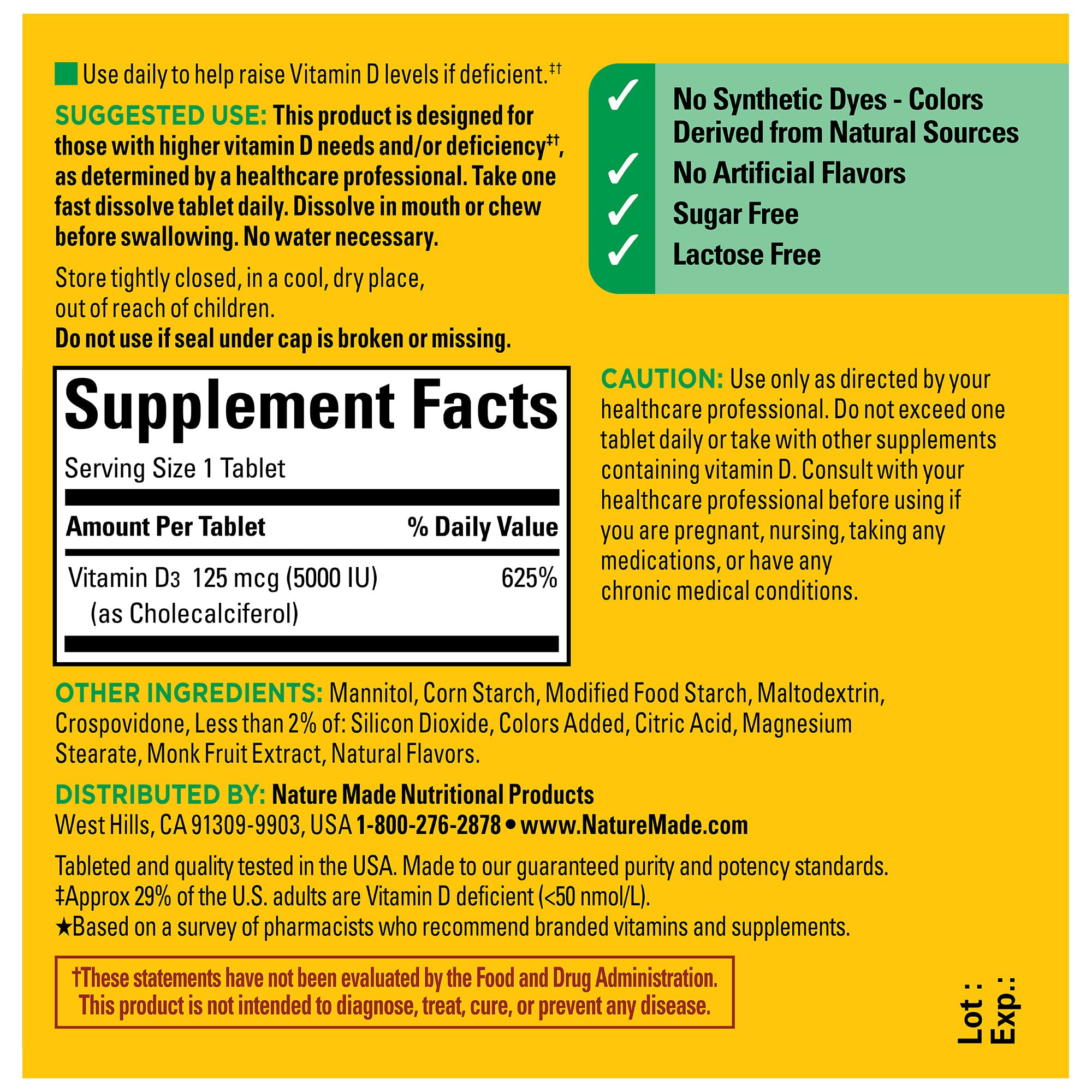 Nature Made Vitamin D3 5000 IU lactose-free tablets suitable for dairy-free diets.