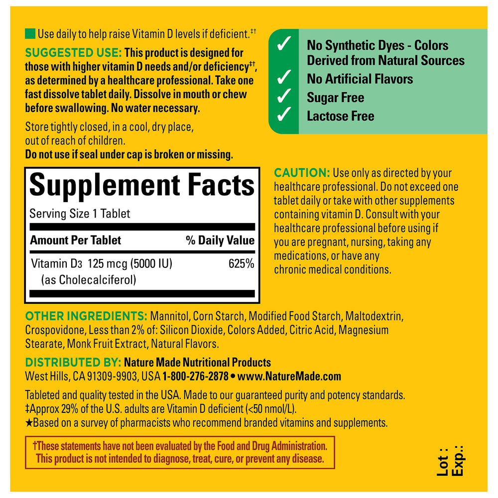 Nature Made Vitamin D3 5000 IU lactose-free tablets suitable for dairy-free diets.