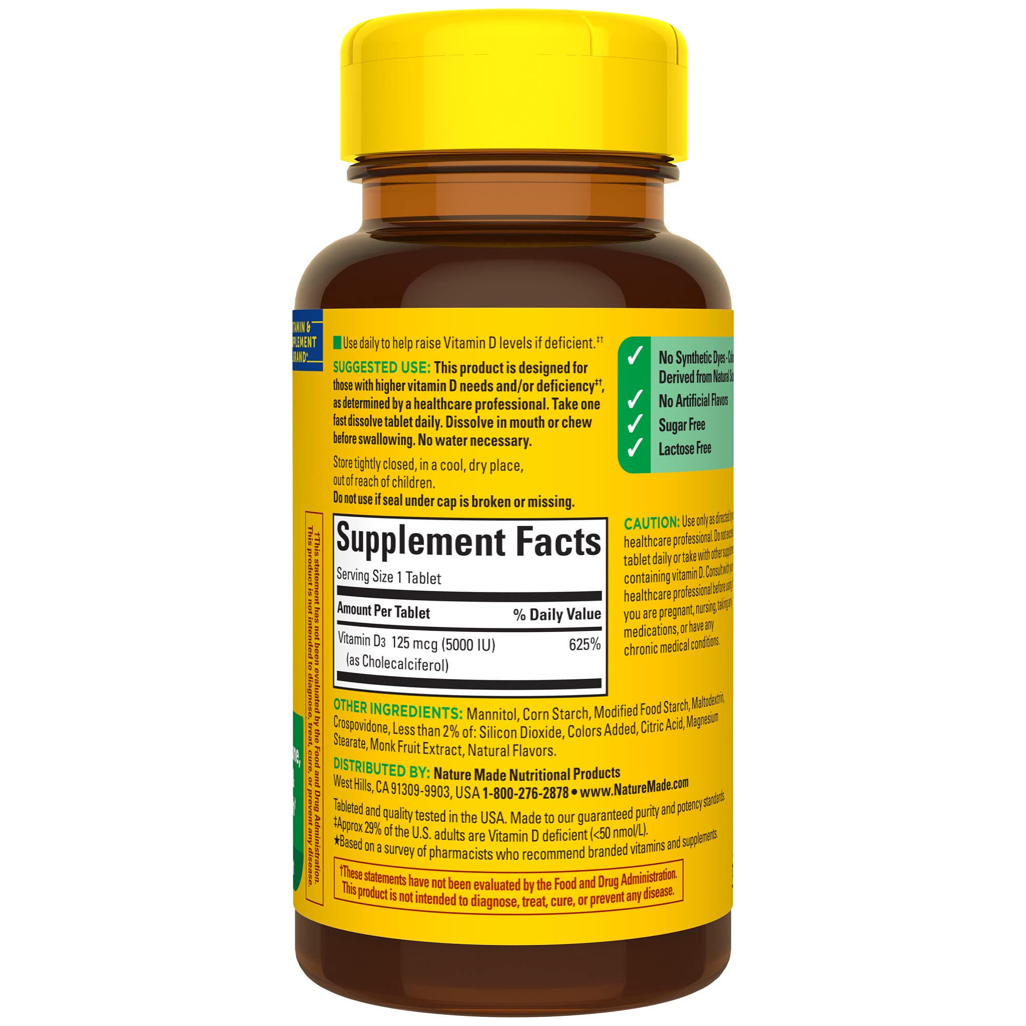 Nature Made Vitamin D3 5000 IU USA-made product label emphasizes strict quality.