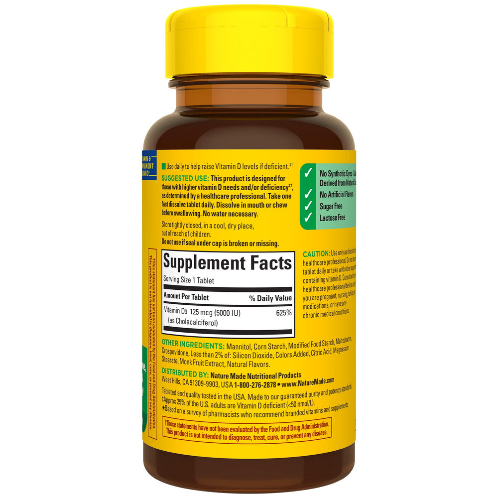 Nature Made Vitamin D3 5000 IU USA-made product label emphasizes strict quality.