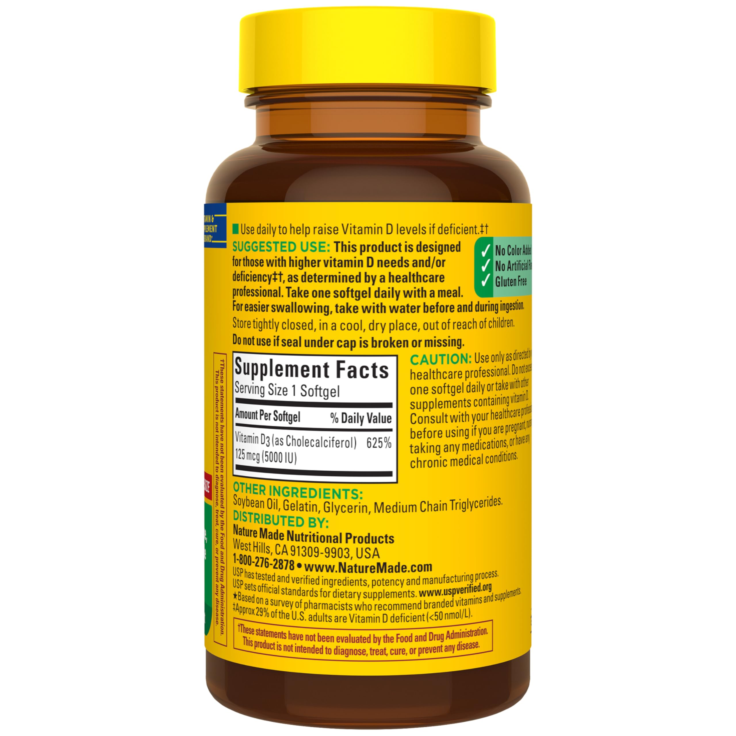 Nature Made Vitamin D3 5000 IU softgels label detail emphasizes ingredients and verification.