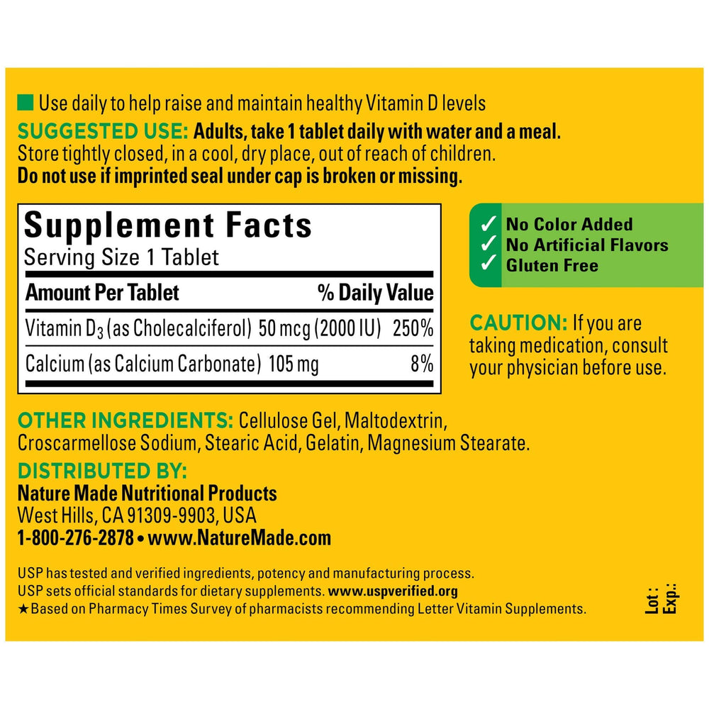 Nature Made Vitamin D3 bottle front showing 220-tablet supply for daily use