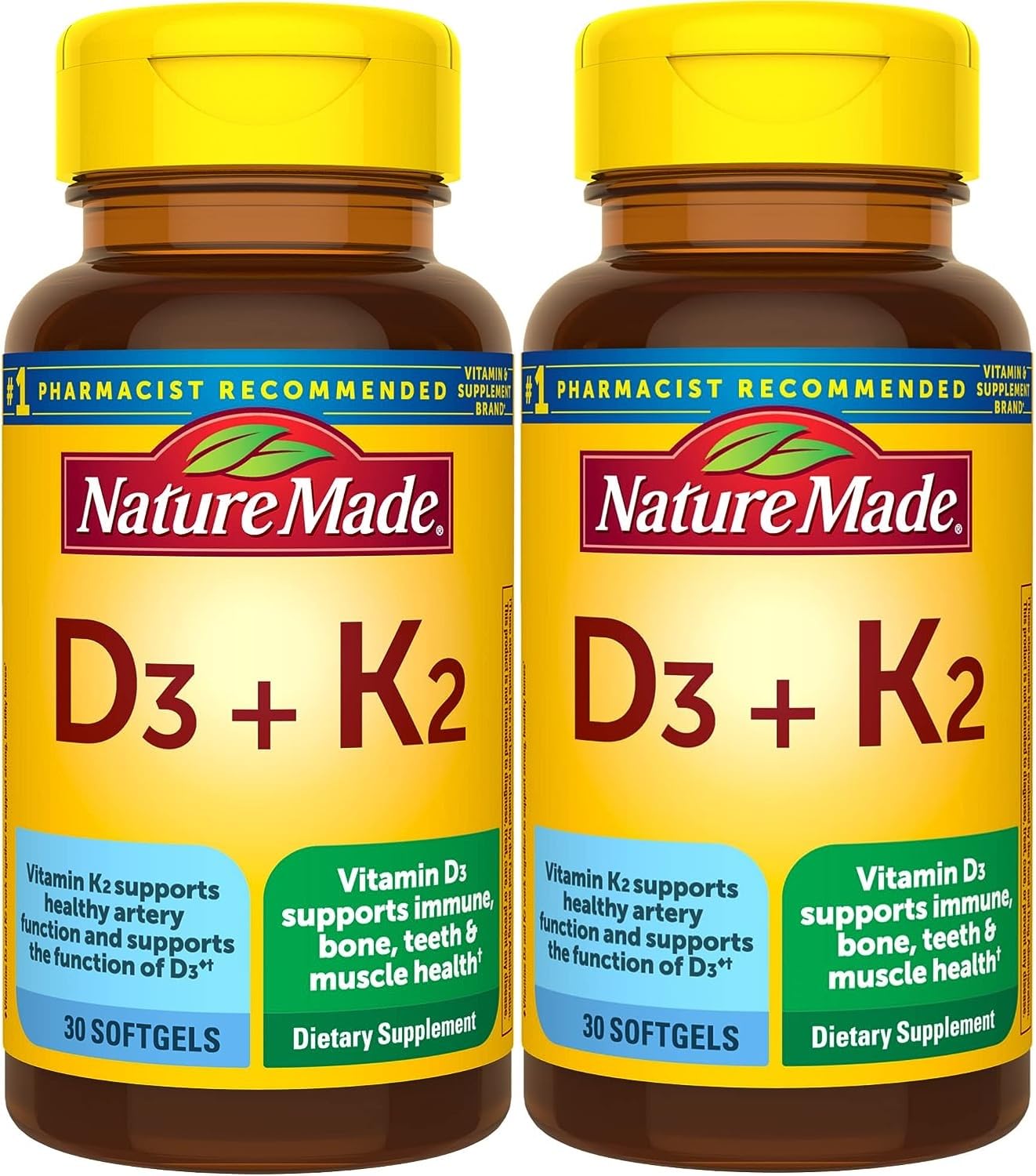 Nature Made Vitamin D3 K2 softgels bottle for bone support and immune health.