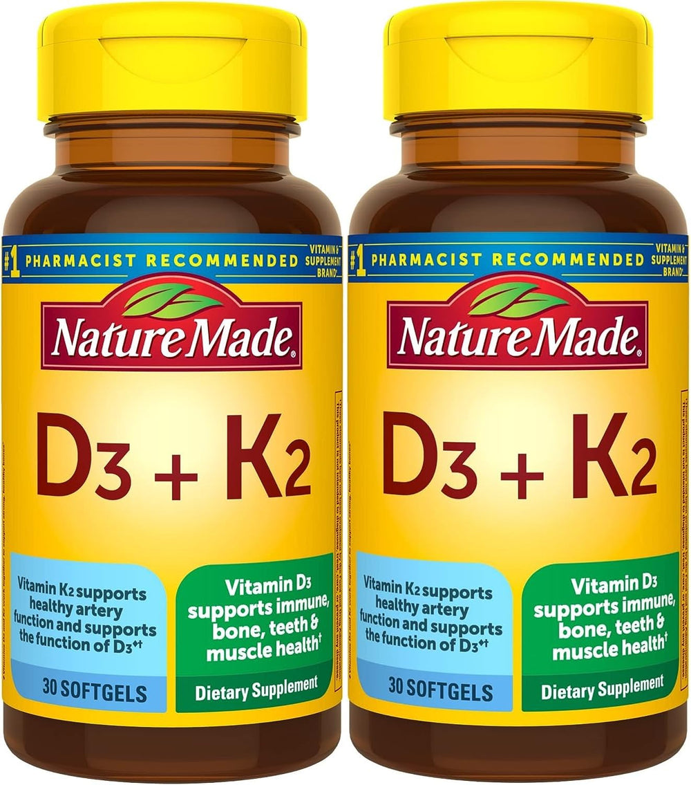 Nature Made Vitamin D3 K2 softgels bottle for bone support and immune health.