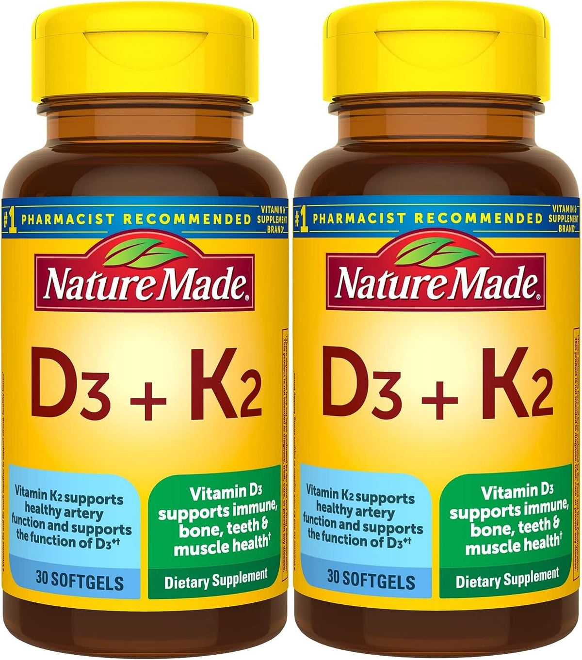 Nature Made Vitamin D3 K2 softgels bottle for bone support and immune health.