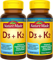 Nature Made Vitamin D3 K2 softgels bottle for bone support and immune health.