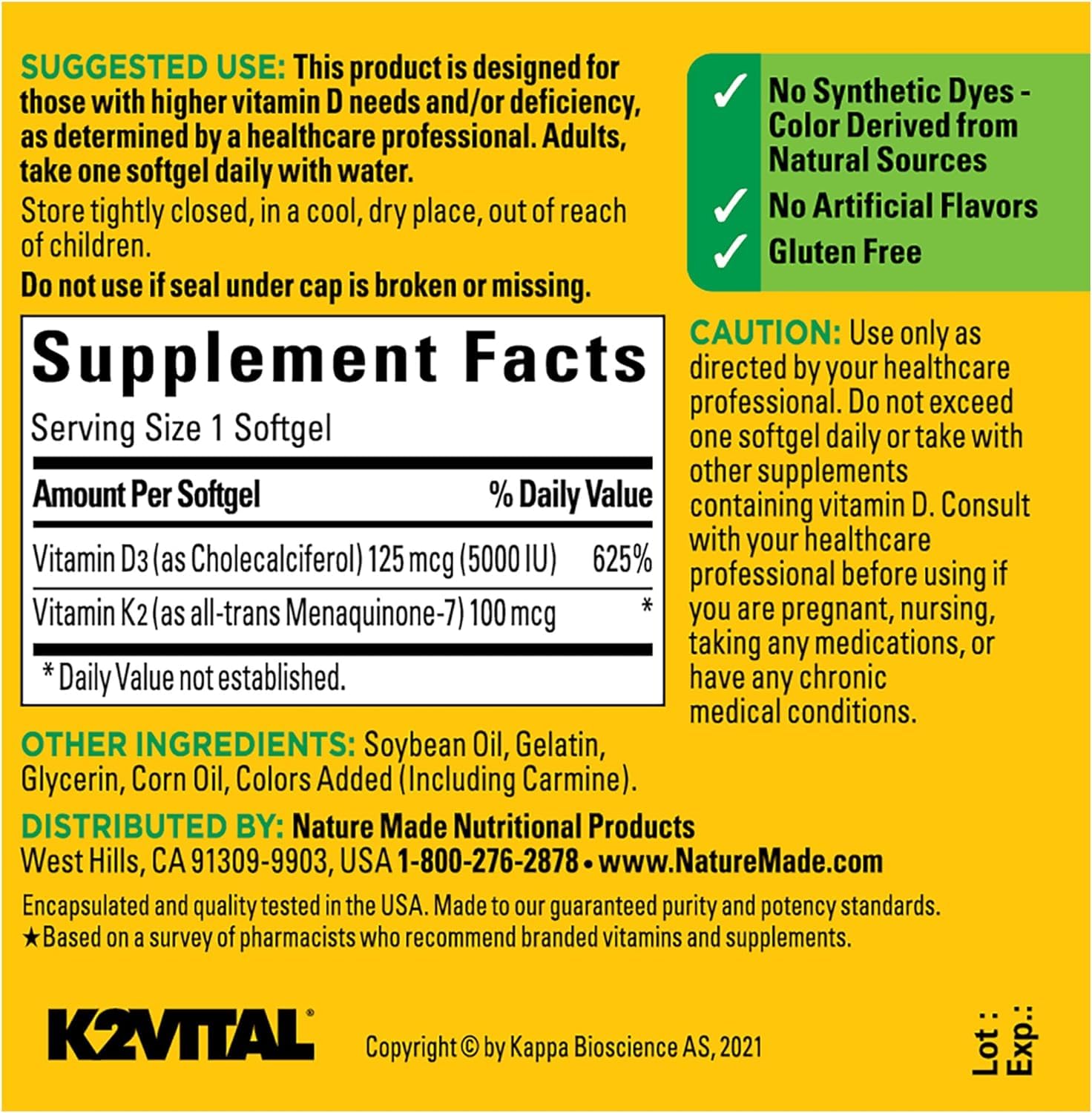 Nature Made Vitamin D3 K2 softgels glass bottle close-up.