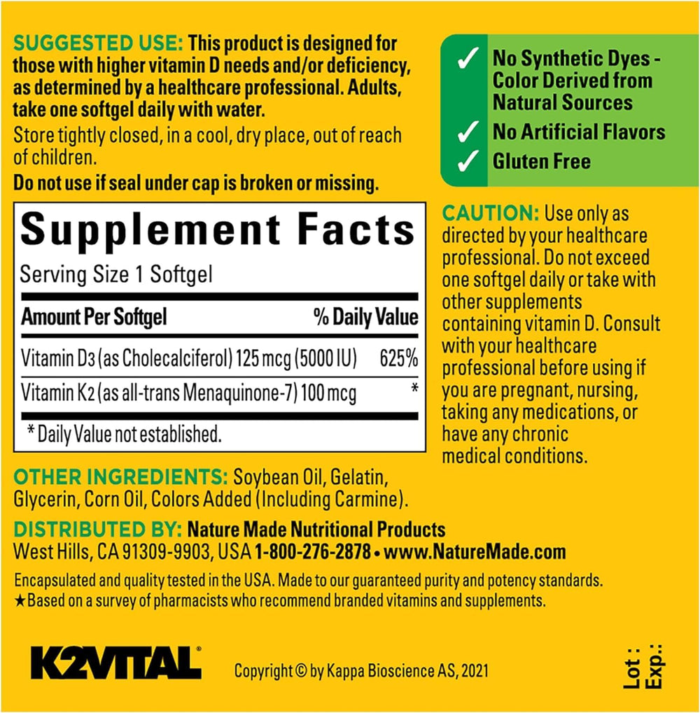 Nature Made Vitamin D3 K2 softgels glass bottle close-up.