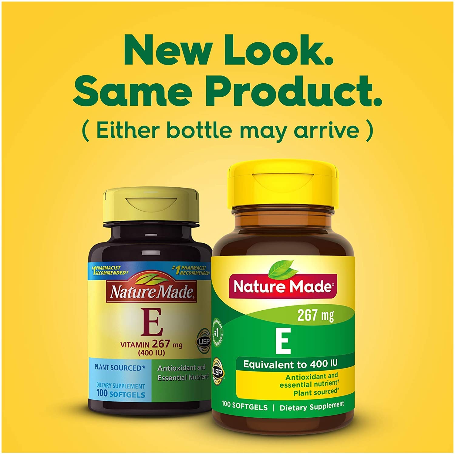 Nature Made Vitamin E 400 IU bottle highlighting no preservatives