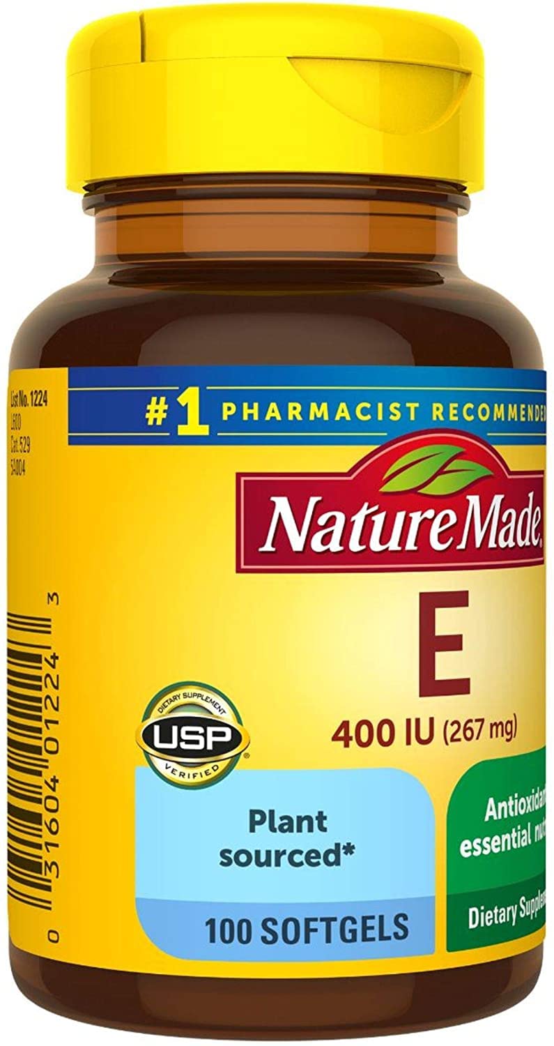Nature Made Vitamin E 400 IU label close-up showing d-alpha softgels for daily use