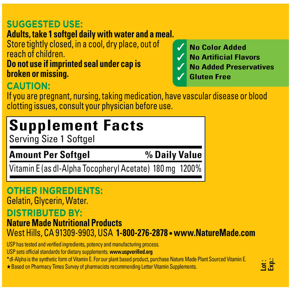 Gluten-free label on Nature Made Vitamin E 400 IU packaging.