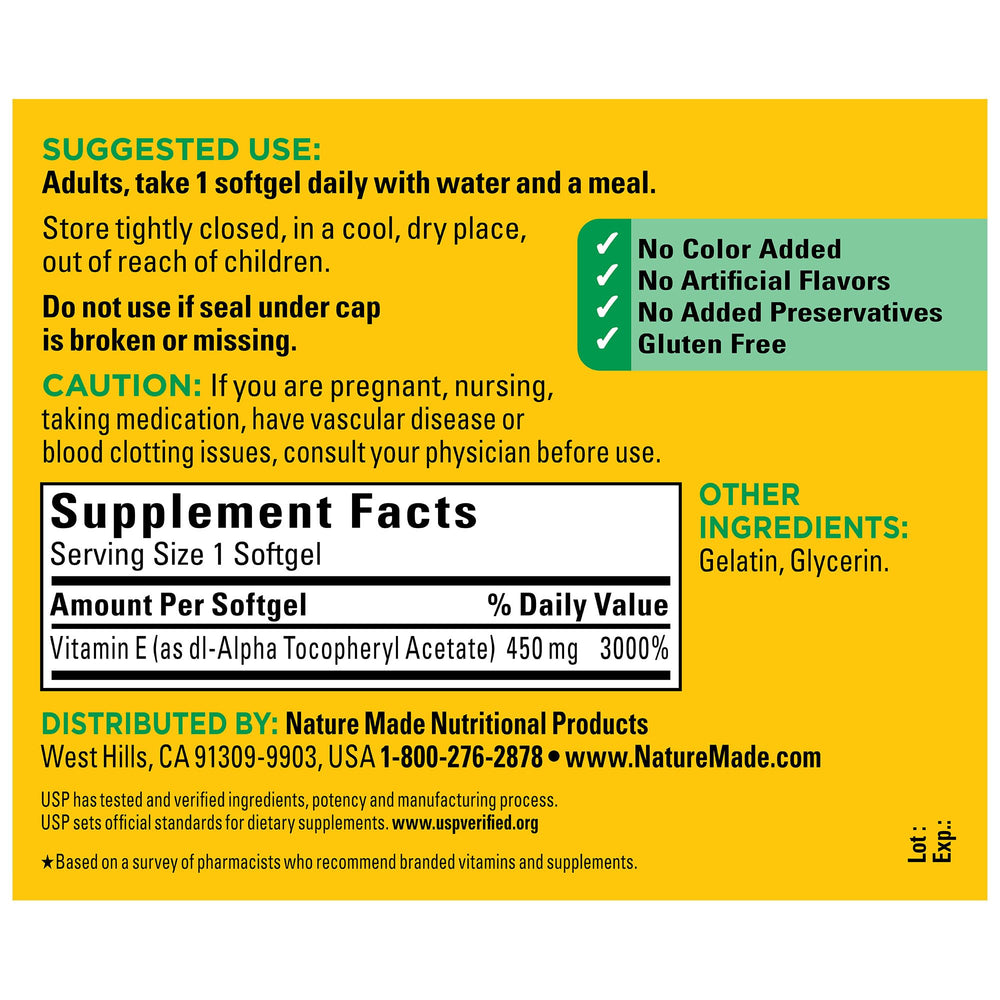 Nature Made Vitamin E 450 mg pack of 3 bottles for long-term supply