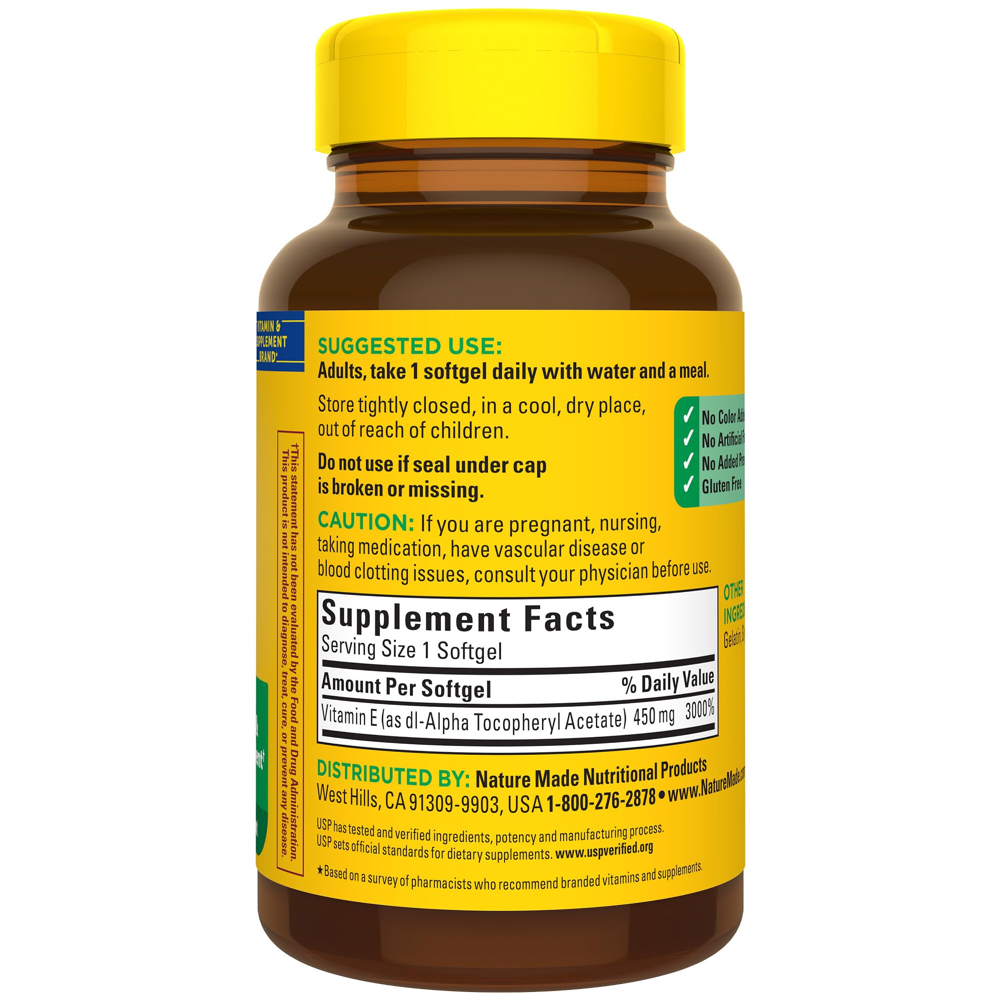 Nature Made Vitamin E USP verification seal indicating tested quality