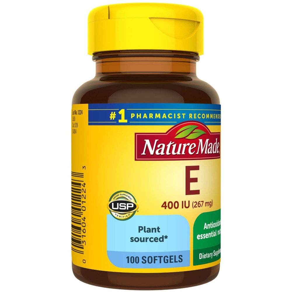 Nature Made Vitamin E softgels bottle top with clean design