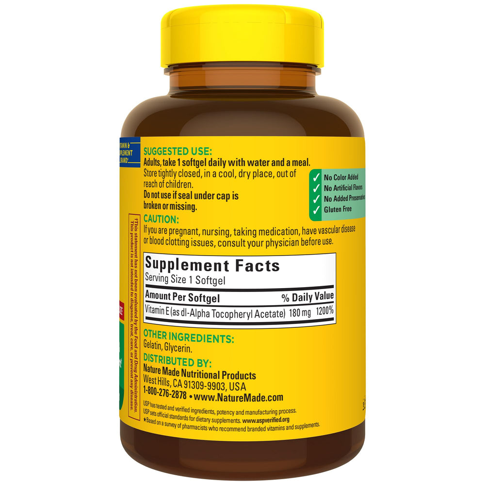 Closeup of Nature Made Vitamin E softgels highlighting the dl-Alpha form.