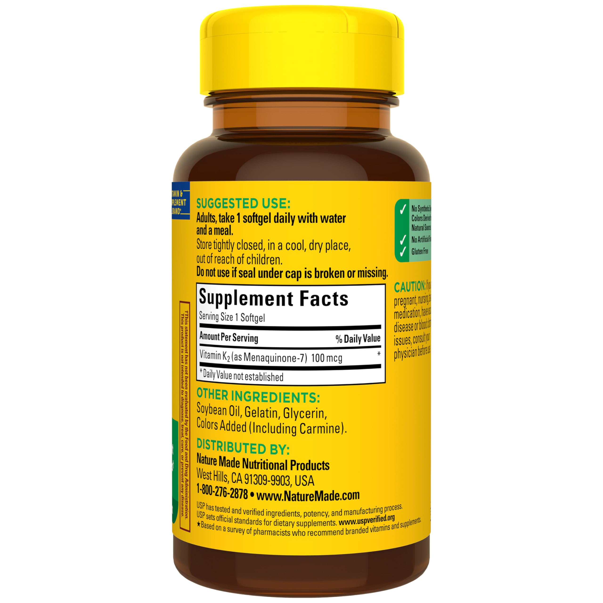 No artificial colors label on Nature Made Vitamin K2 packaging.