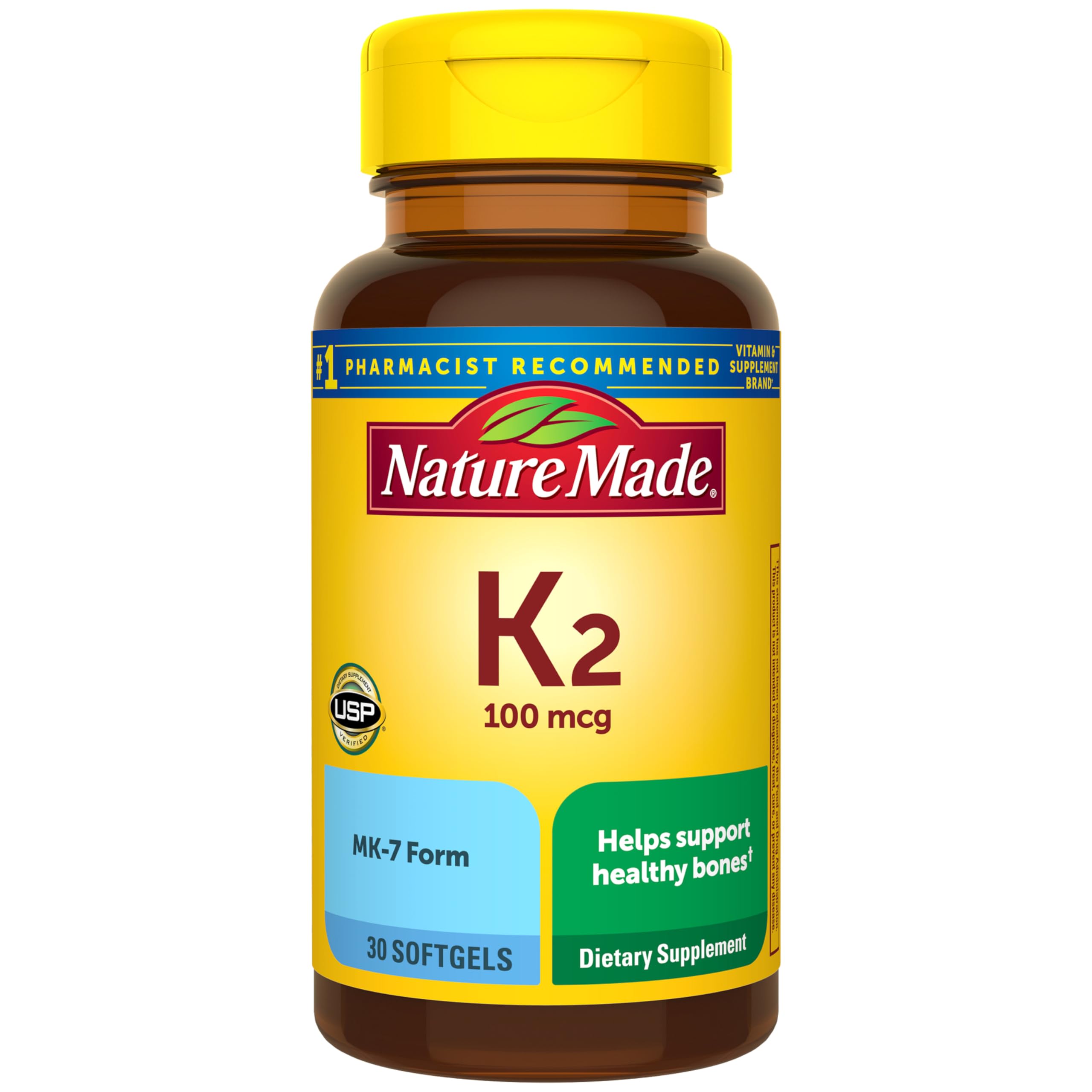 Nature Made Vitamin K2 100 mcg softgels bottle for daily bone health routine.