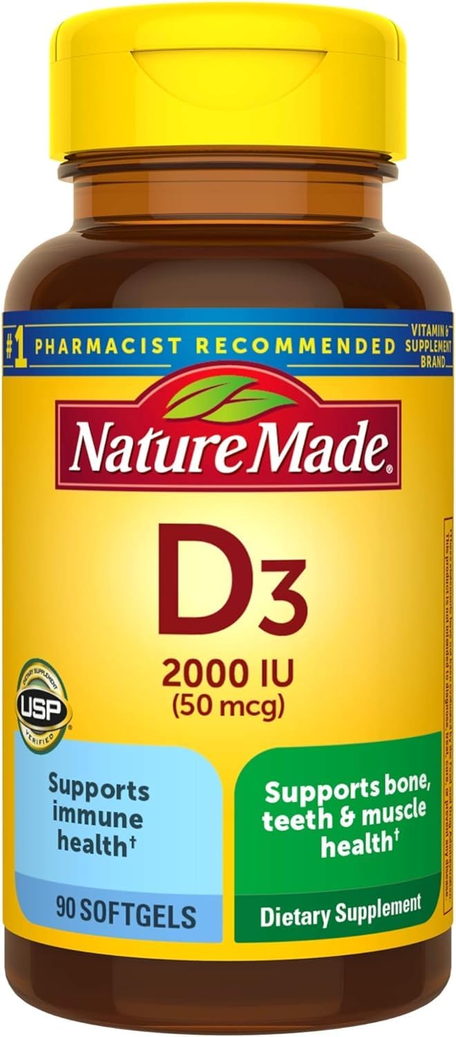 Nature Made Vitamina D3 cápsulas suaves en frasco, apoyo a huesos sanos y músculos.