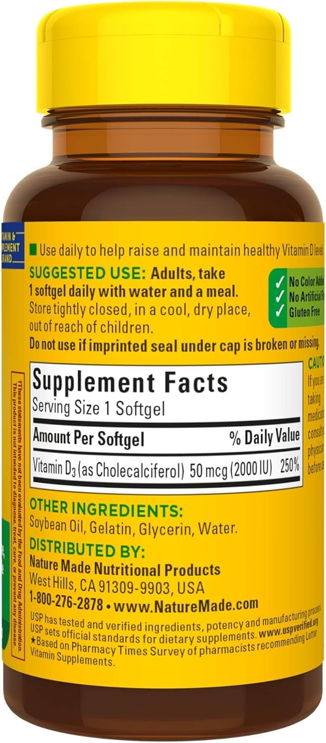 Producto sin gluten Nature Made Vitamina D3, sin colorantes ni sabores artificiales.