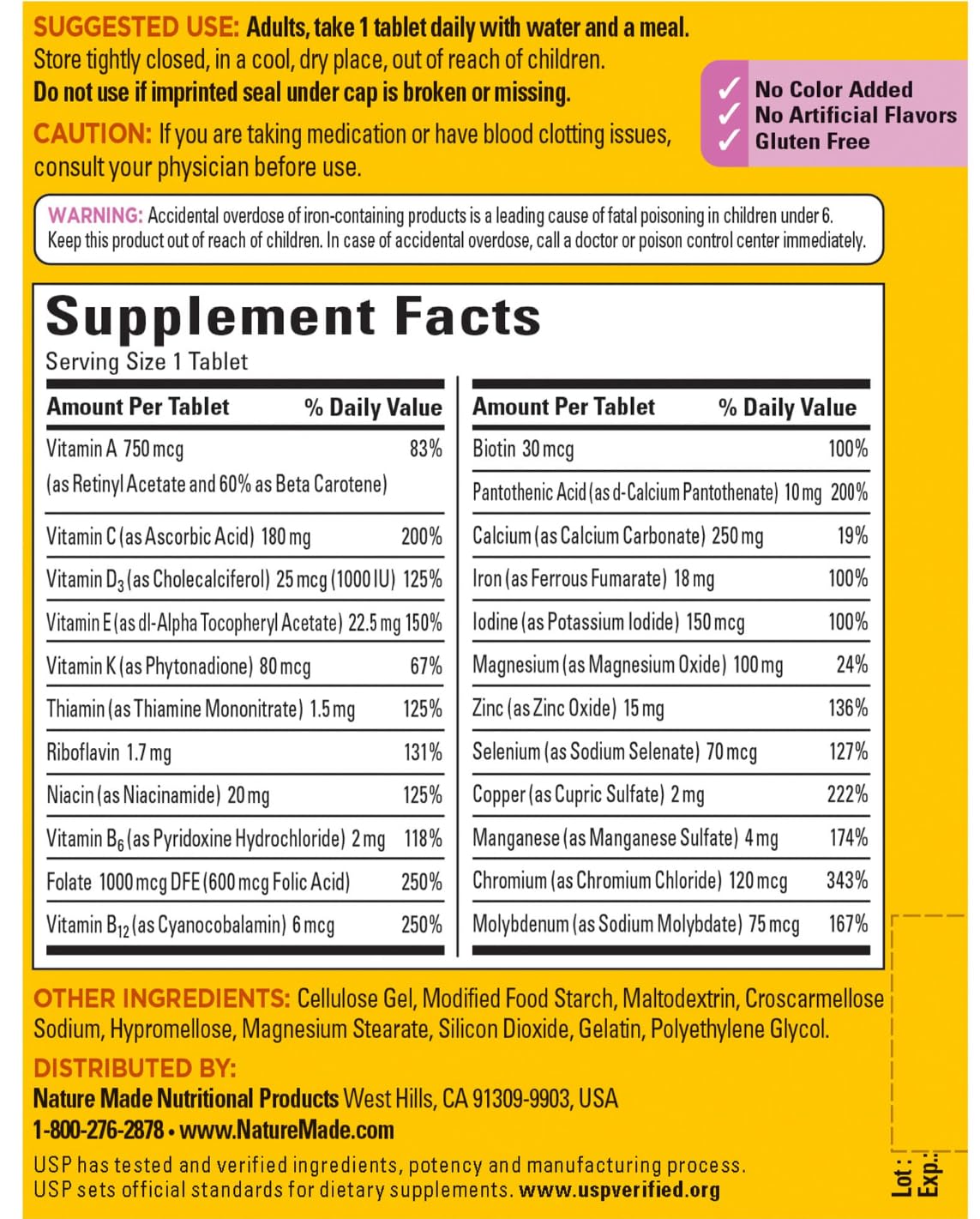 Nature Made bottle back showing nutrient highlights for daily support