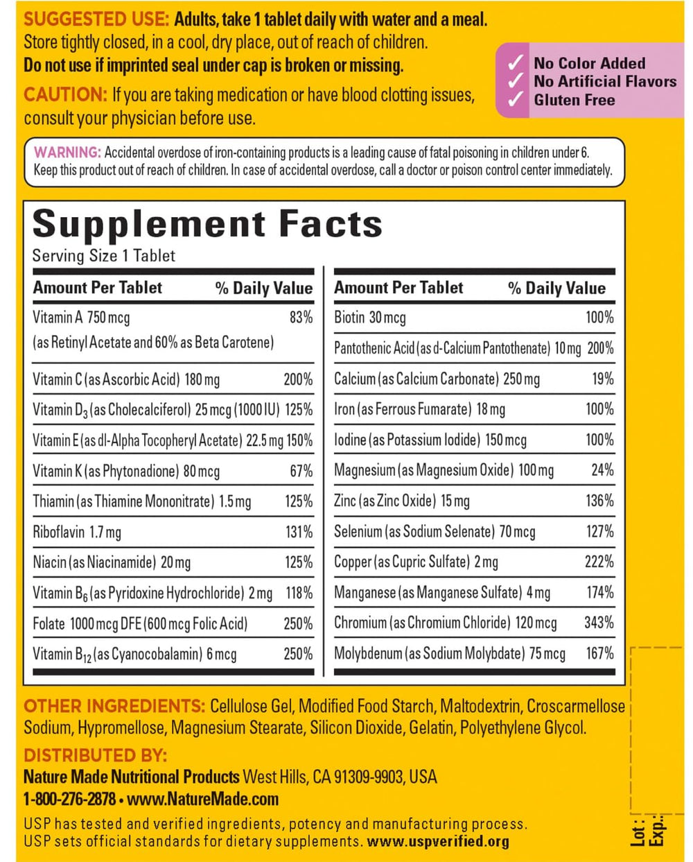 Nature Made bottle back showing nutrient highlights for daily support